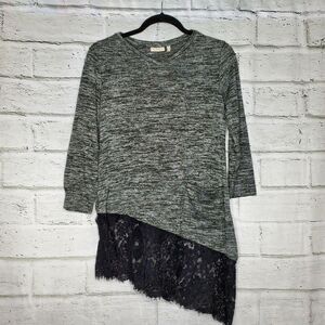 Logo by Lori Goldstein Knit Top with Asymmetric Lace Hem XS Gray Green A255748